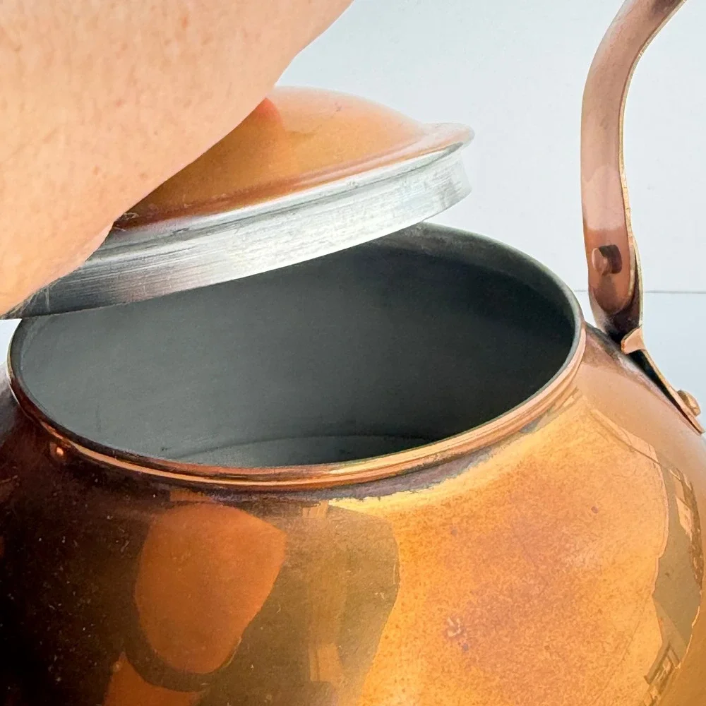 Vintage Copper Tea Kettle Pot Portugal Wood Handle Farmhouse Cottagecore MCM